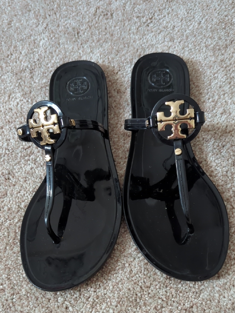 Tory Burch Black Mini Miller Jelly Thong Sandals with Gold Logo Size 9M